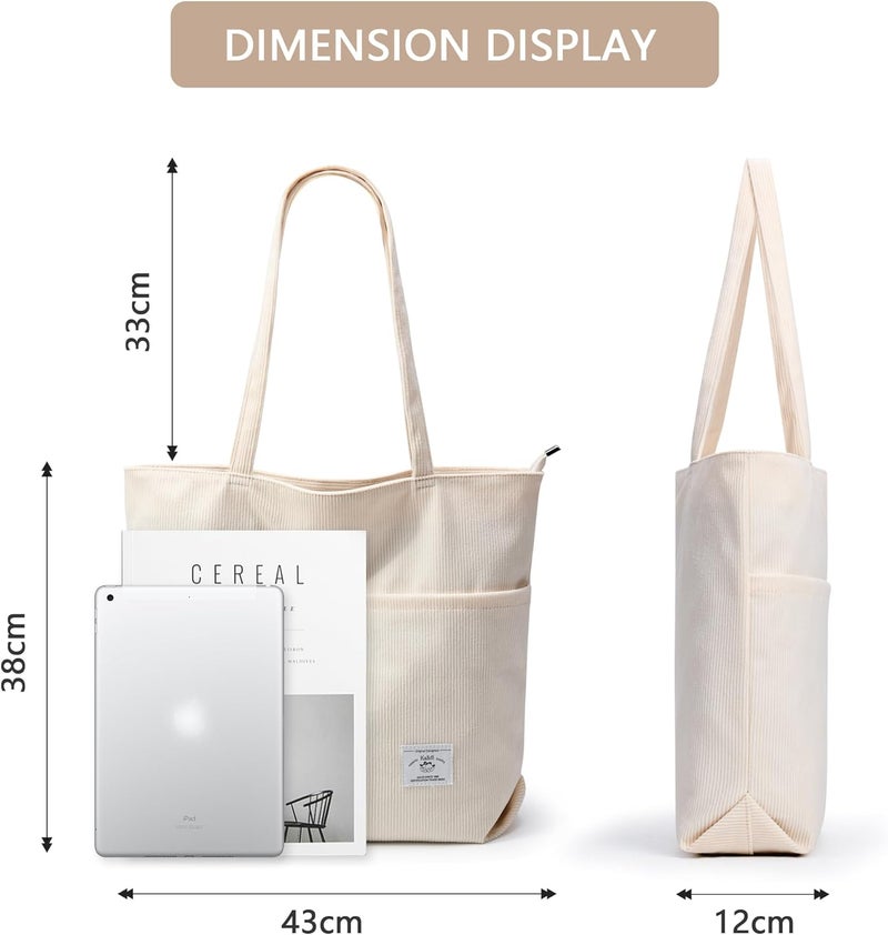 KALIDI FANCY FOREST KALIDI Women Corduroy Tote Bag Zipper Casual Tote's Handbag Big Capacity Shoulder Bag with Pockets - Image 5